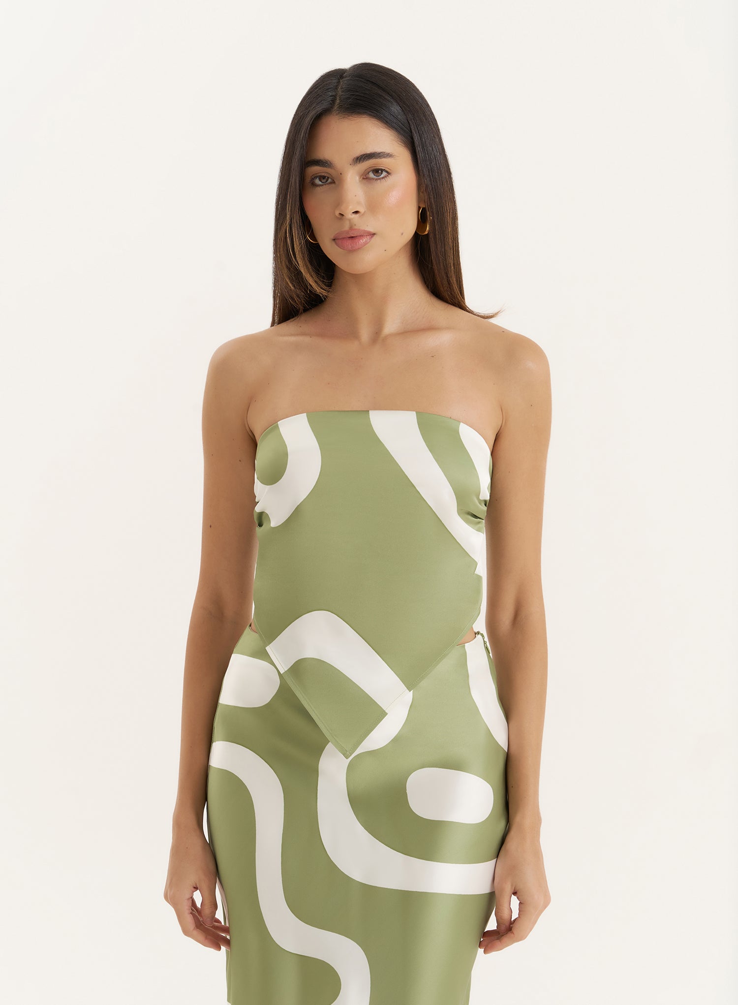 Green Abstract Print Satin Bandeau Top